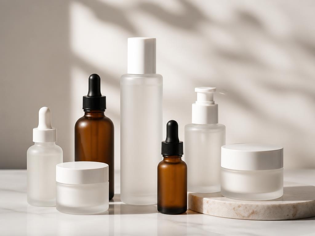 Frascos e potes de cosméticos sem rótulo sobre fundo claro