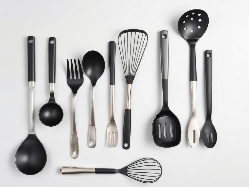 Conjunto de utensílios de cozinha organizados sobre fundo claro
