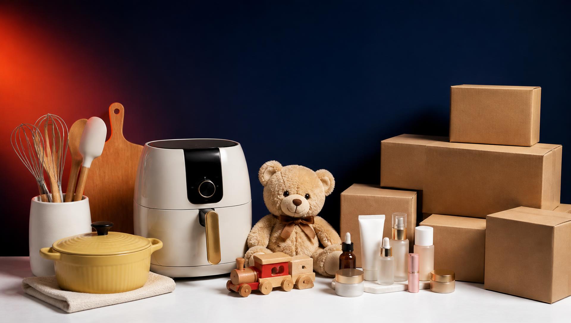 Produtos de diferentes categorias e caixas de pedidos prontos para distribuição